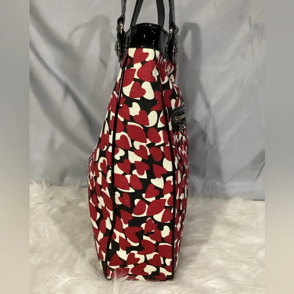 Tory Burch Red Hearts Canvas with Black Patent Leather Tote Shopper EUC